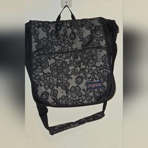 JANSPORT Messenger Perfect Condition. Black Floral Lace Design Rare. Beautiful